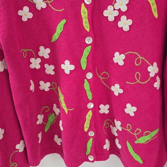Talbots Pink Ramie Blend Cardigan Felt Sweet Peas Floral Embroidery Size Medium - Picture 6 of 13